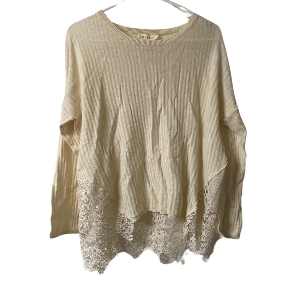 Ciel USA Beige Lace Trim Long Sleeve Top